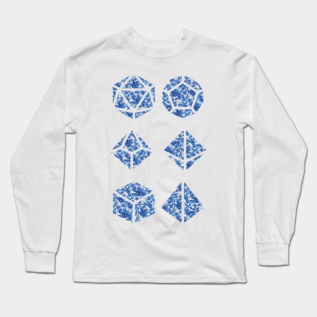 Delft Blue Gradient Rose Vintage Pattern Silhouette Polyhedral Dice - Dungeons and Dragons Design Long Sleeve T-Shirt by GenAumonier